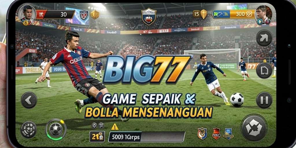 Screenshot gameplay BIG77 yang menunjukkan aksi pertandingan sepak bola yang mendebarkan.