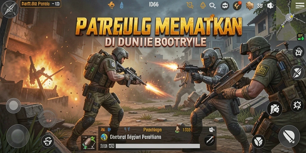 Screenshot gameplay ID66 menampilkan aksi pertempuran intens dalam Battle Royale.