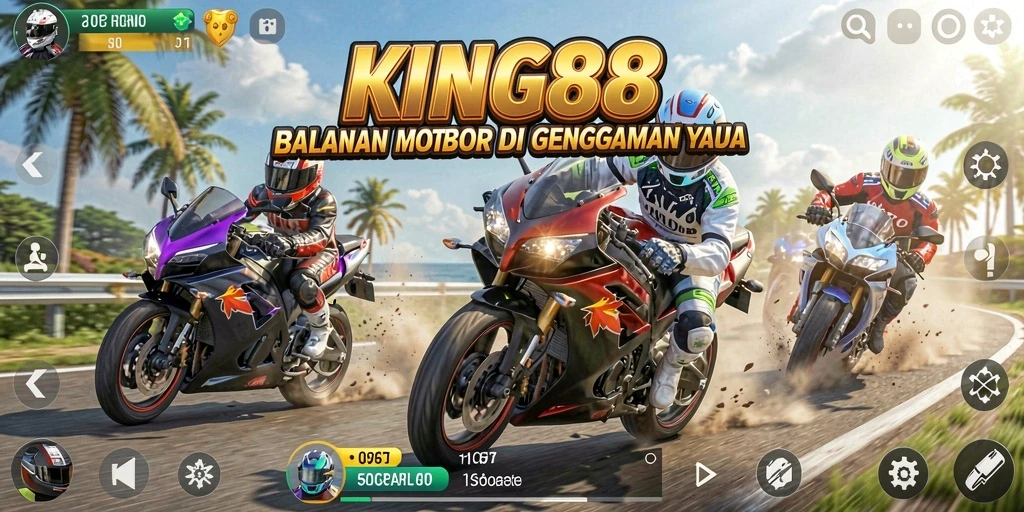 Tampilan gameplay seru dari KING88 dengan motor balap yang cepat.