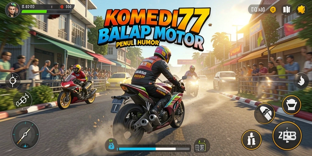 Tampilan menarik dari gameplay balap motor konyol KOMEDI77.