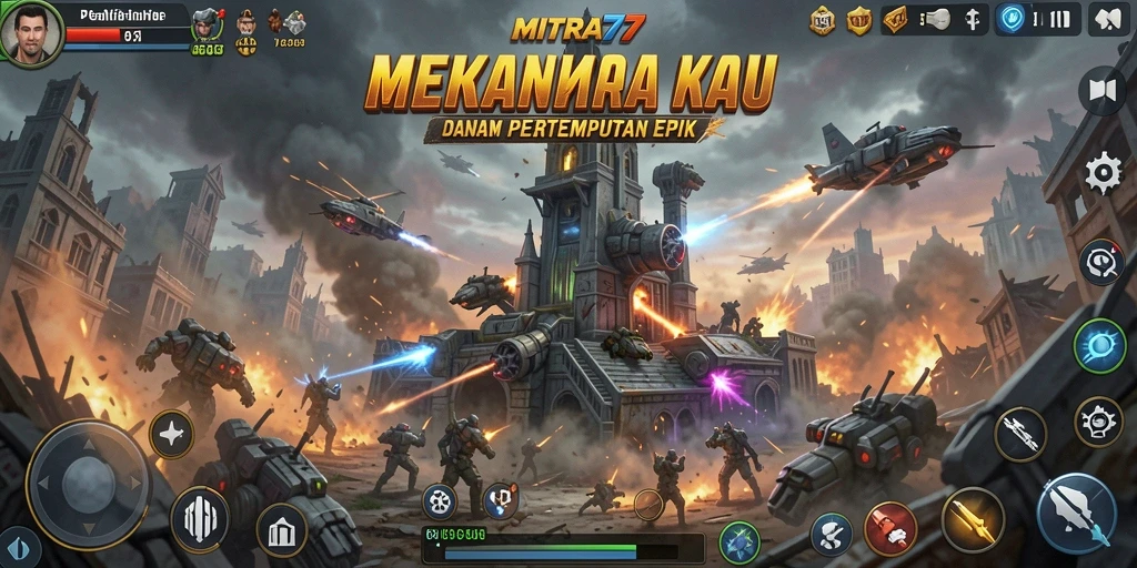 Tampilan gameplay MITRA77 dengan menara dan musuh yang menegangkan.