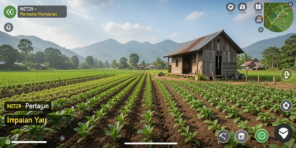 Screenshot gameplay NET29 menampilkan ladang subur dan hewan ternak yang bahagia.
