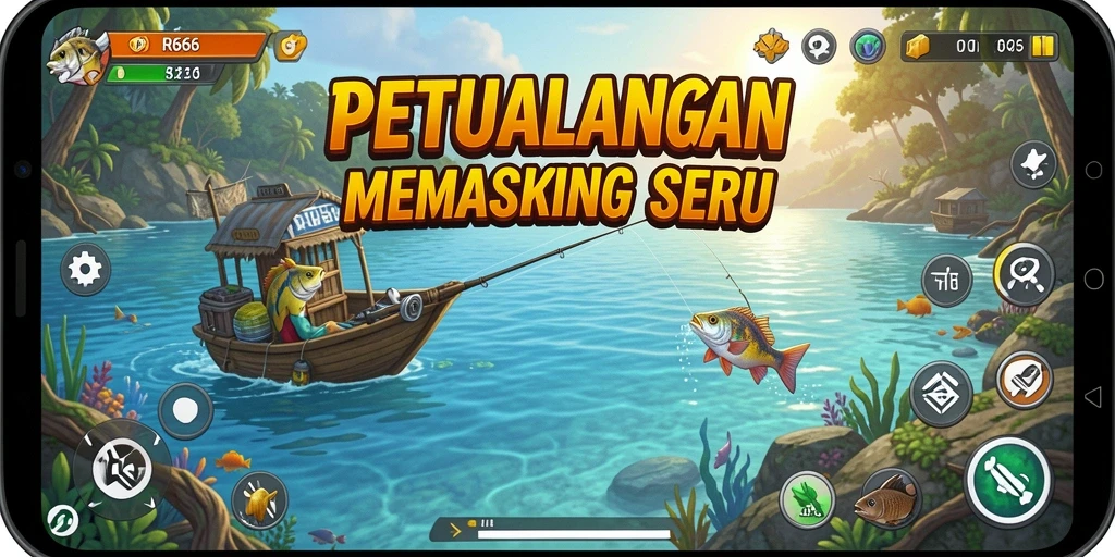 Menampilkan aktivitas memancing seru dalam RR666 dengan ikan yang sedang ditangkap.