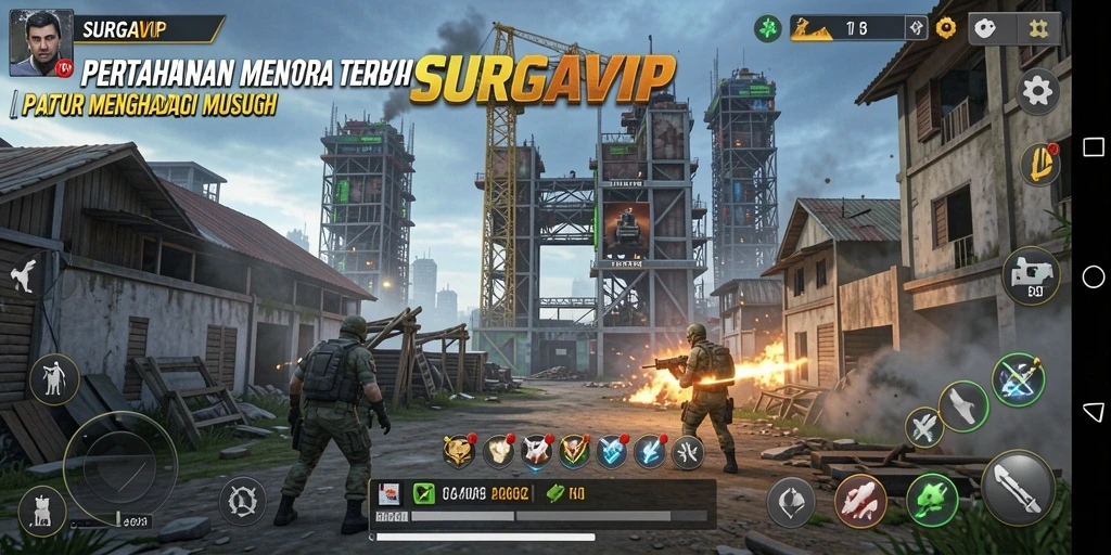 Screenshot gameplay SURGAVIP yang menampilkan aksi Tower Defense yang intens.